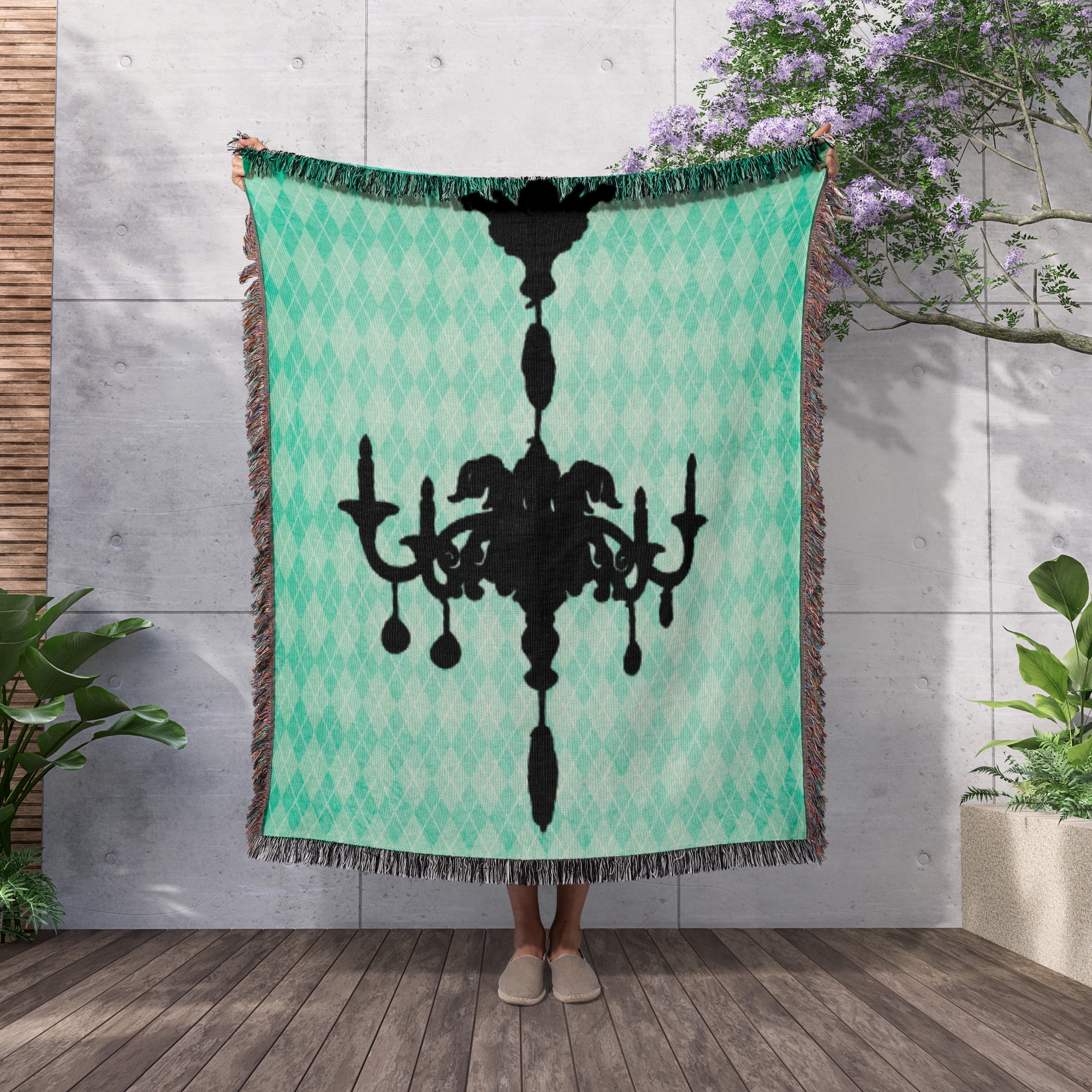 Black Chandelier Against A Turquoise Diamond Background, Woven Blanket