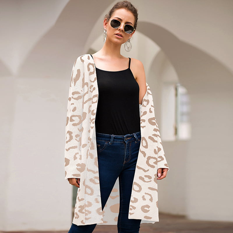 Khaki Leopard Print Elegant Cardigan Faux Fur Jacket Coat Women Clothes Outerwear 