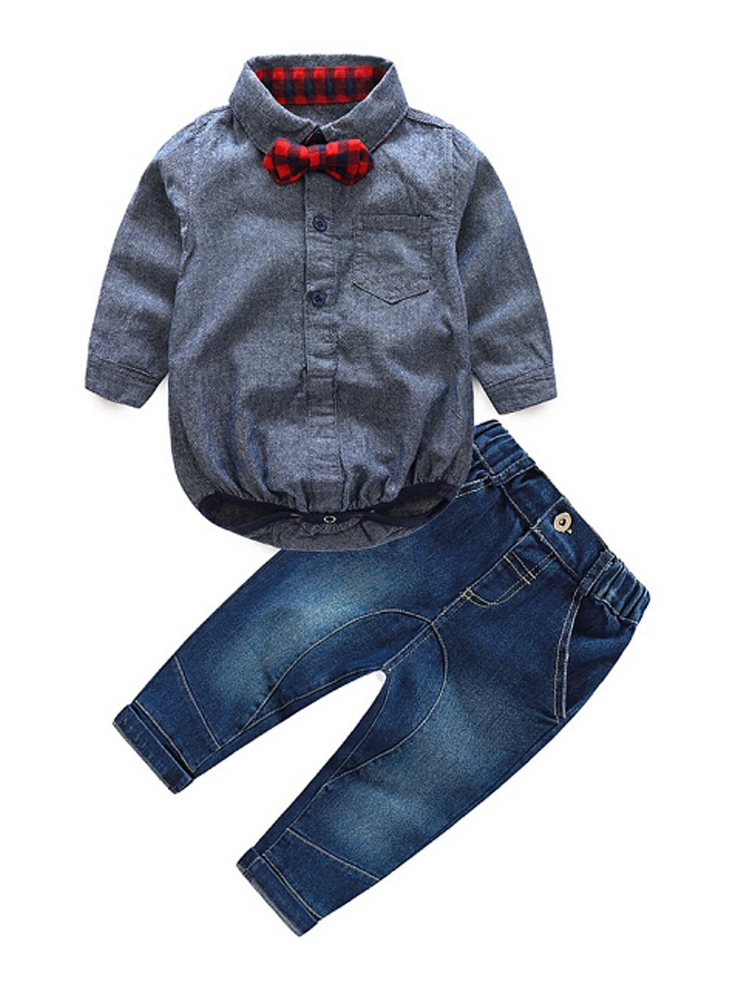 Suspender+Denim Pants Jeans+Bow Clothes Set 4pcs Toddler Baby Boy Outfits Shirt 