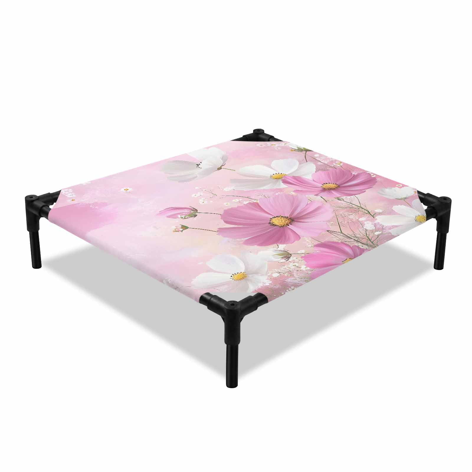 Spring Cosmos Elevated Dog Bed Pink White Flowers Cooling Breathable Outdoor Raised Dog Cot Bed with Metal Frame Non-Slip Feet for Small Dog 20x20in