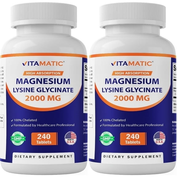 Vitamatic Magnesium as Glycinate Lysinate – 240 Tablets – 100% Chelated Magnesium - Supports Muscle Relaxation, Heart, Nerve Health* – Non-GMO, Gluten & Soy Free - 2 Pack