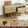 thumbnail image 4 of BeesClover Rattan Shoe Bench with 2 Storage Drawers, Wooden Entryway Bench with Linen Seat Cushion for Hallway or Bedroom, 4 of 7
