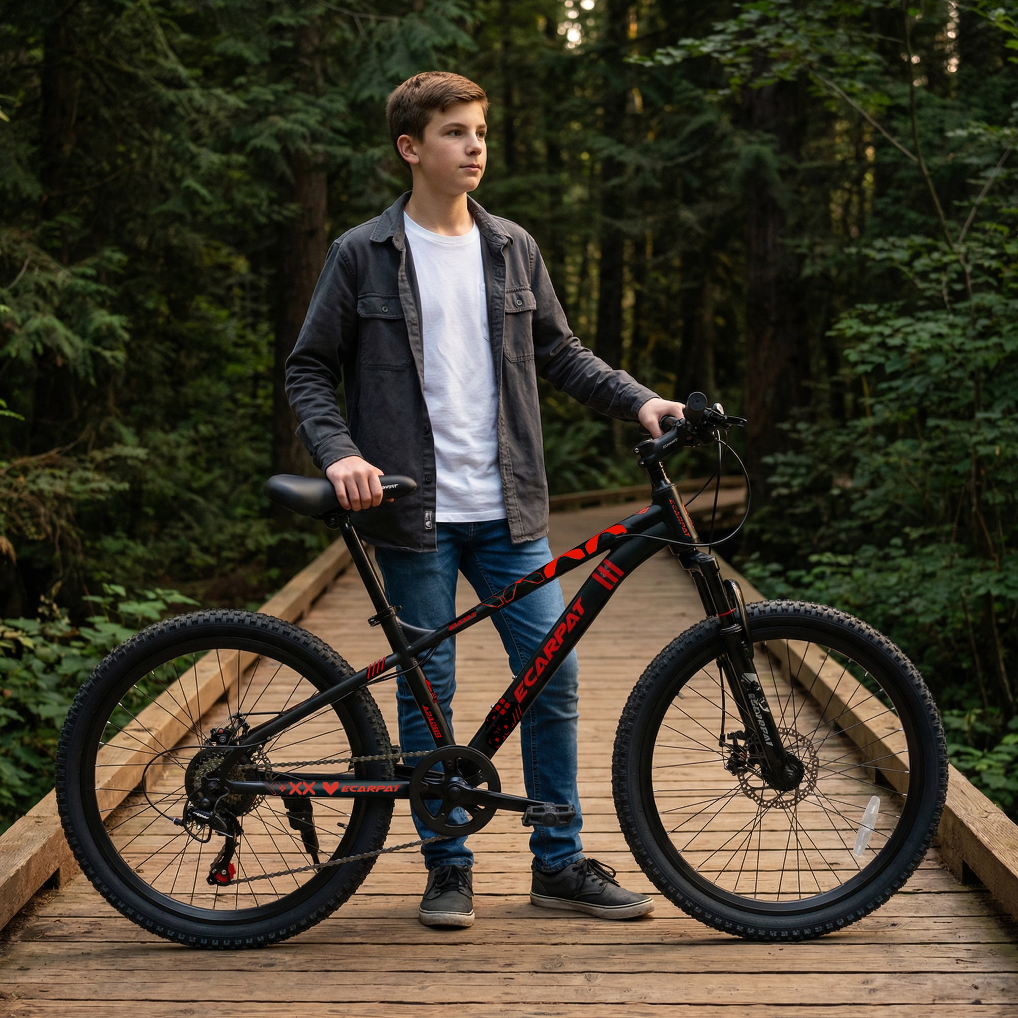 Ambifirner Mountain Bike, 24 Inch Men Bicycle w/ 21-Speed Drivetrain, Front Suspension Fork, Dual Disc Brakes, Adjustable Seat, Outdoor Cycling Bike
