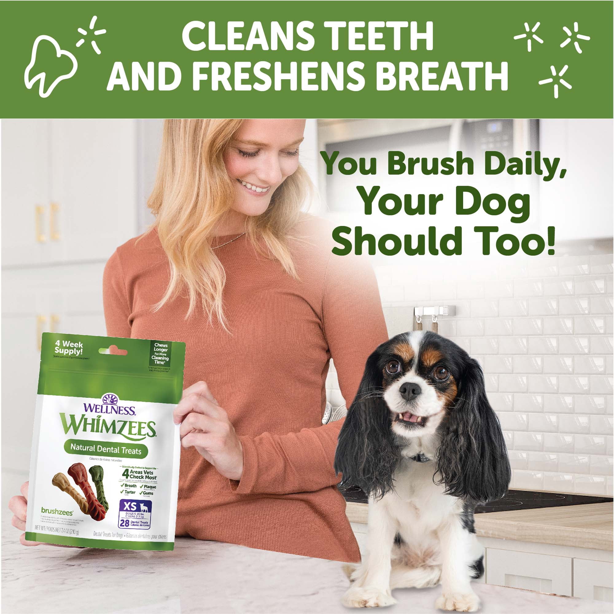 (4 pack) Wellness WHIMZEES Daily Brushzees Natural Dog Dental Treat, VOHC Accepted Chews, Freshens Breath, Extra-Small Size, 7.4 oz Bag, 28 Count