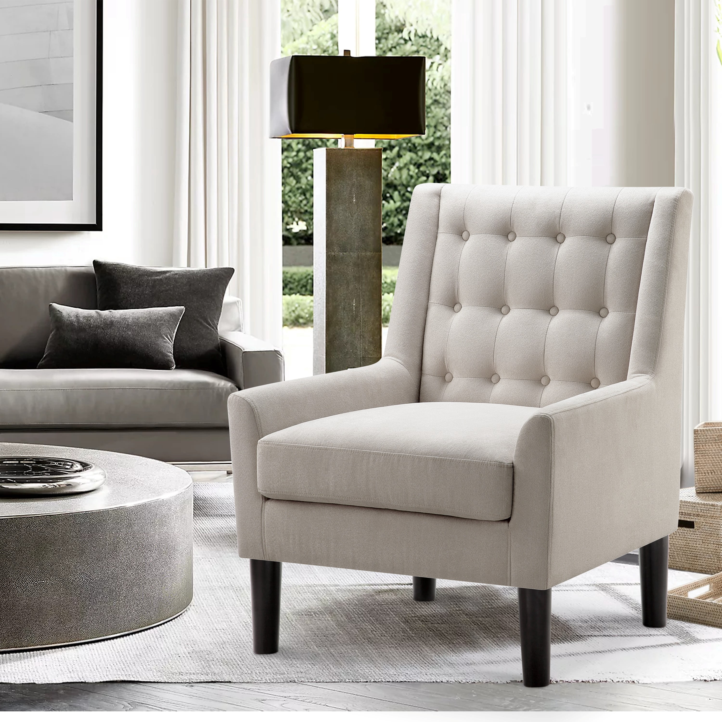 BSHTI Beige Velvet Upholstered Accent Arm Chair, Solid Rubberwood Frame, Modern Living Room Bedroom Chair with Plush Foam Padding