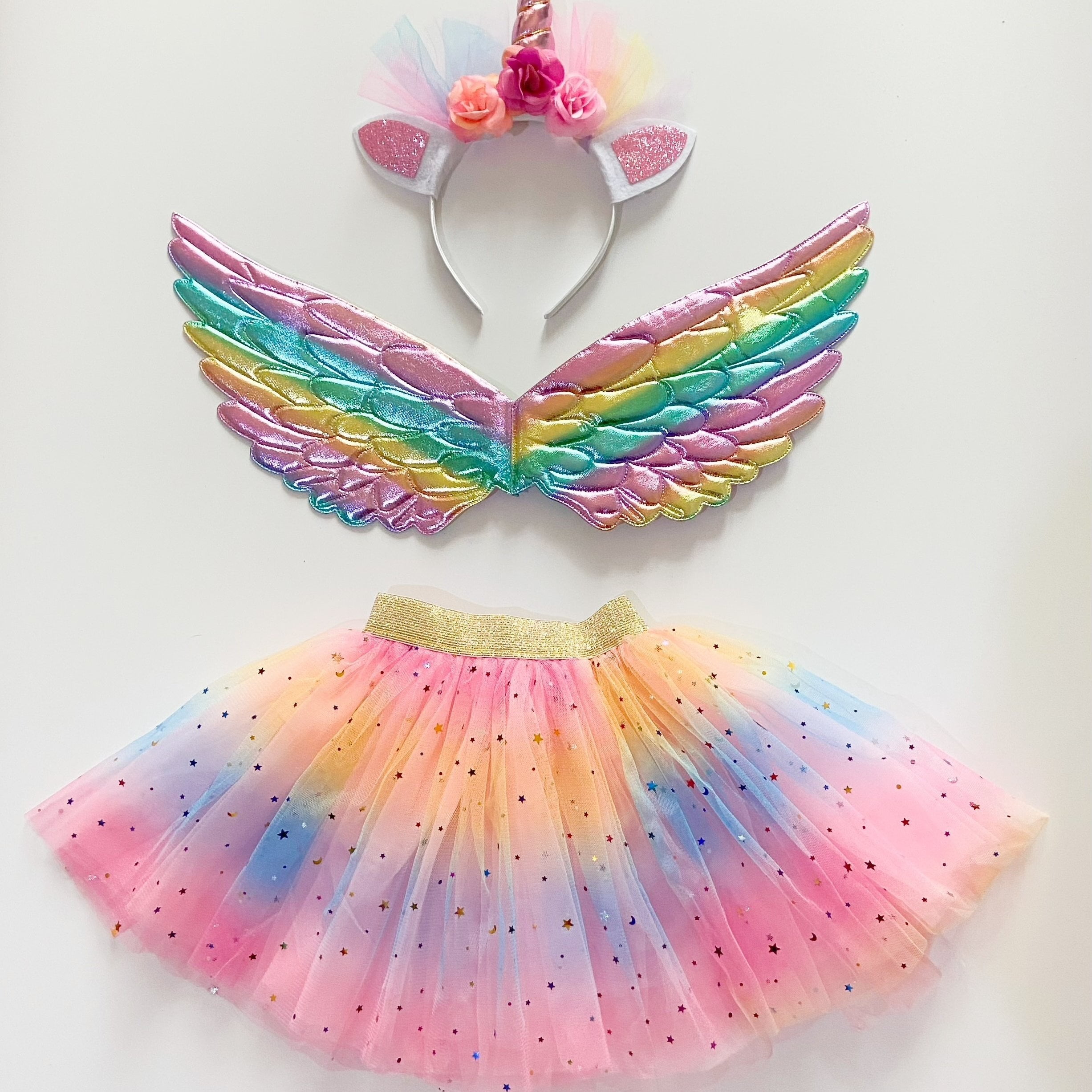 Conjunto De 3 Piezas Falda Corta De Tul De Colores Del Arco Iris Con Lentejuelas De Estrellas Y Diadema De Unicornio Y Alas De Angel Para Fiestas De Navidad Halloween Cumpleanos Cosplay Ropa Para Walm...
