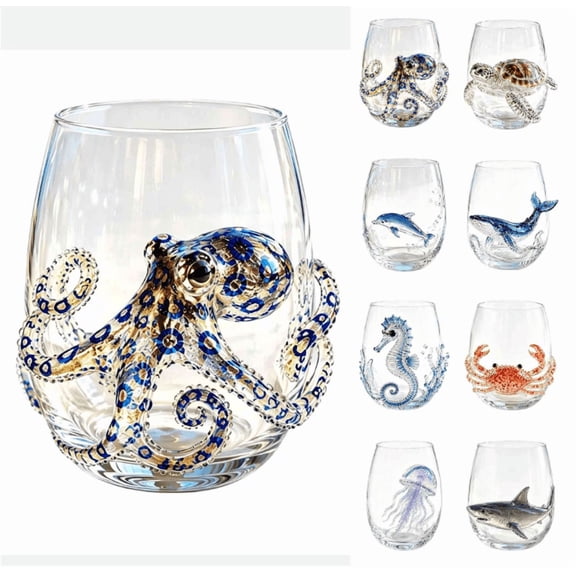 Artisanal Blue Ringed Octopus Glassware, 3D Ocean Octopus Drinking Glass with Sculpted Tentacles, Handcrafted Borosilicate Tumbler for Cocktails and Beverages, Coastal Home Decor