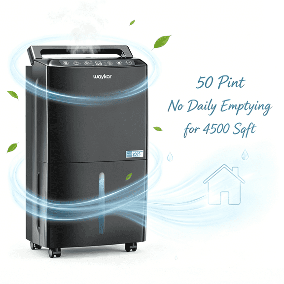 Waykar 34 Pint Dehumidifier for Spaces up to 2000 Sq Ft, Ultra Quiet 39dB, Continuous Drain, Energy Star, Auto Defrost, Child Lock, 10 Pint DOE
