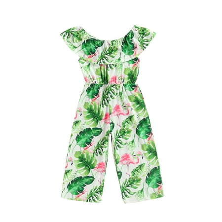 

Sunisery Kids Toddler Girls Casual Summer Jumpsuit Leaves and Flamingo Print Boat Neck Overalls Bodysuit Green Pink 6-7 Years