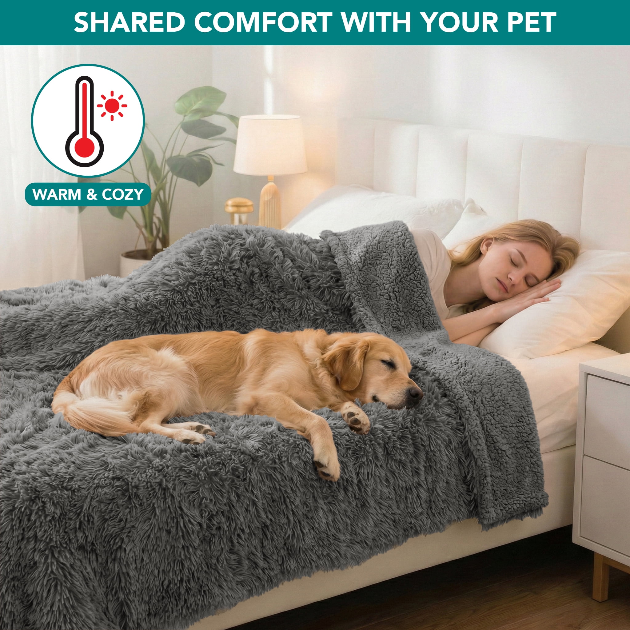 PetAmi WATERPROOF Dog Blanket For Large Dog, Calming Pet Blanket Bed Couch Cover Protector, Washable Sherpa Faux Fur Throw for Sofa Furniture Protection, Soft Fluffy 60x80 Gray