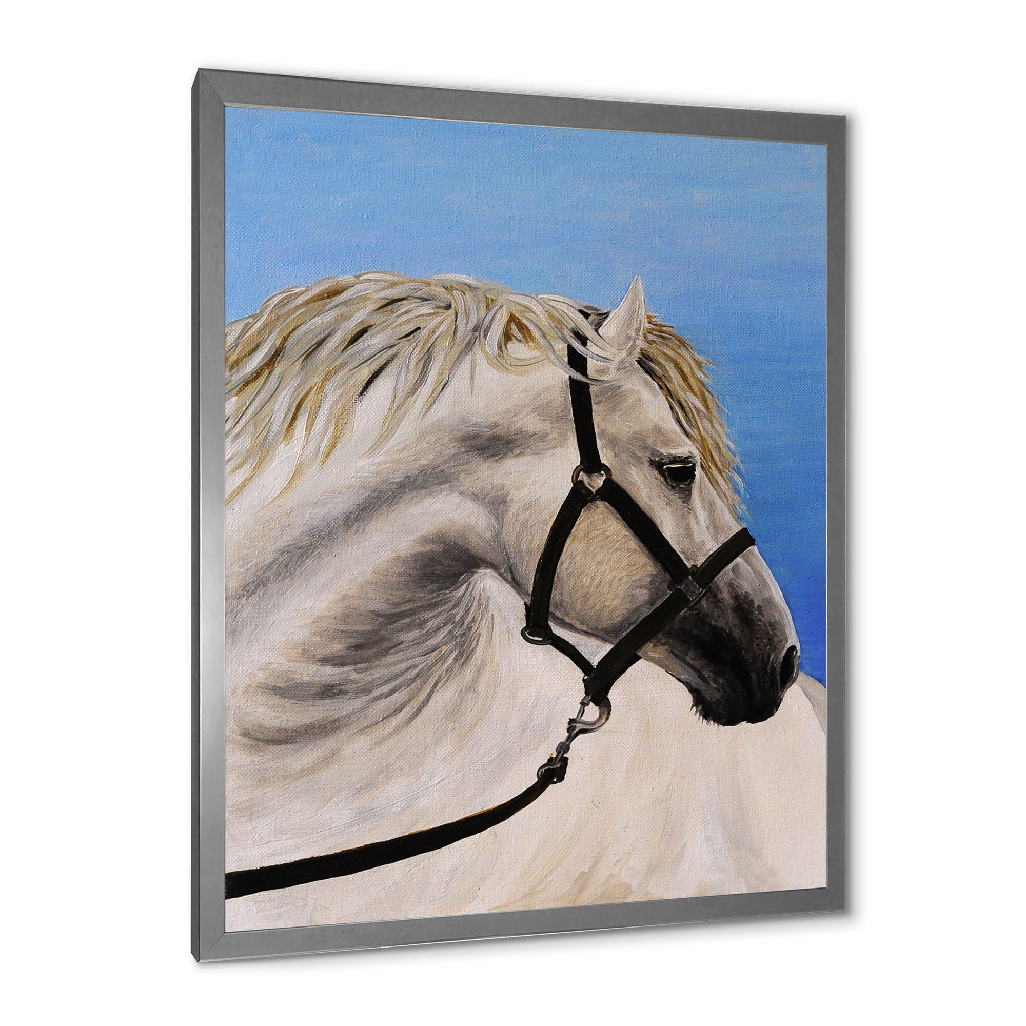 Designart 'Close Up Of White Horse In The Furrow' Farmhouse Framed Art Print