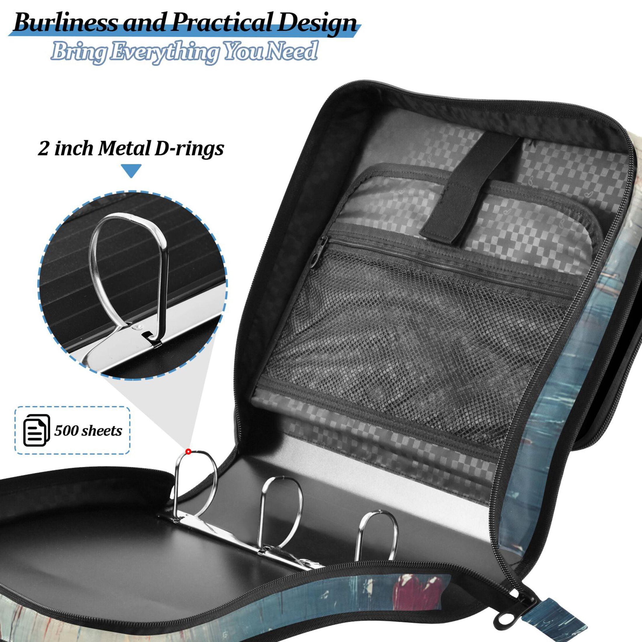 3 Ring Zipper Binder with Shoulder Strap Waterproof Trapper Keeper 2 Inch D-Ring 500 Sheets Capacity Raining Love Hearts