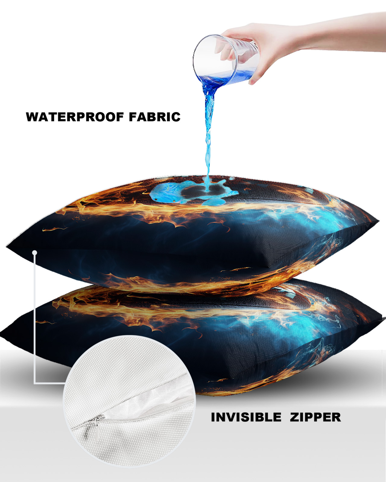 Pack of 2 Outdoor Pillow Covers, Sport Football with Fire Waterproof Square Throw Pillowcase Cushion Decorative Pillow Covers for Couch Patio Tent, 16x16 in