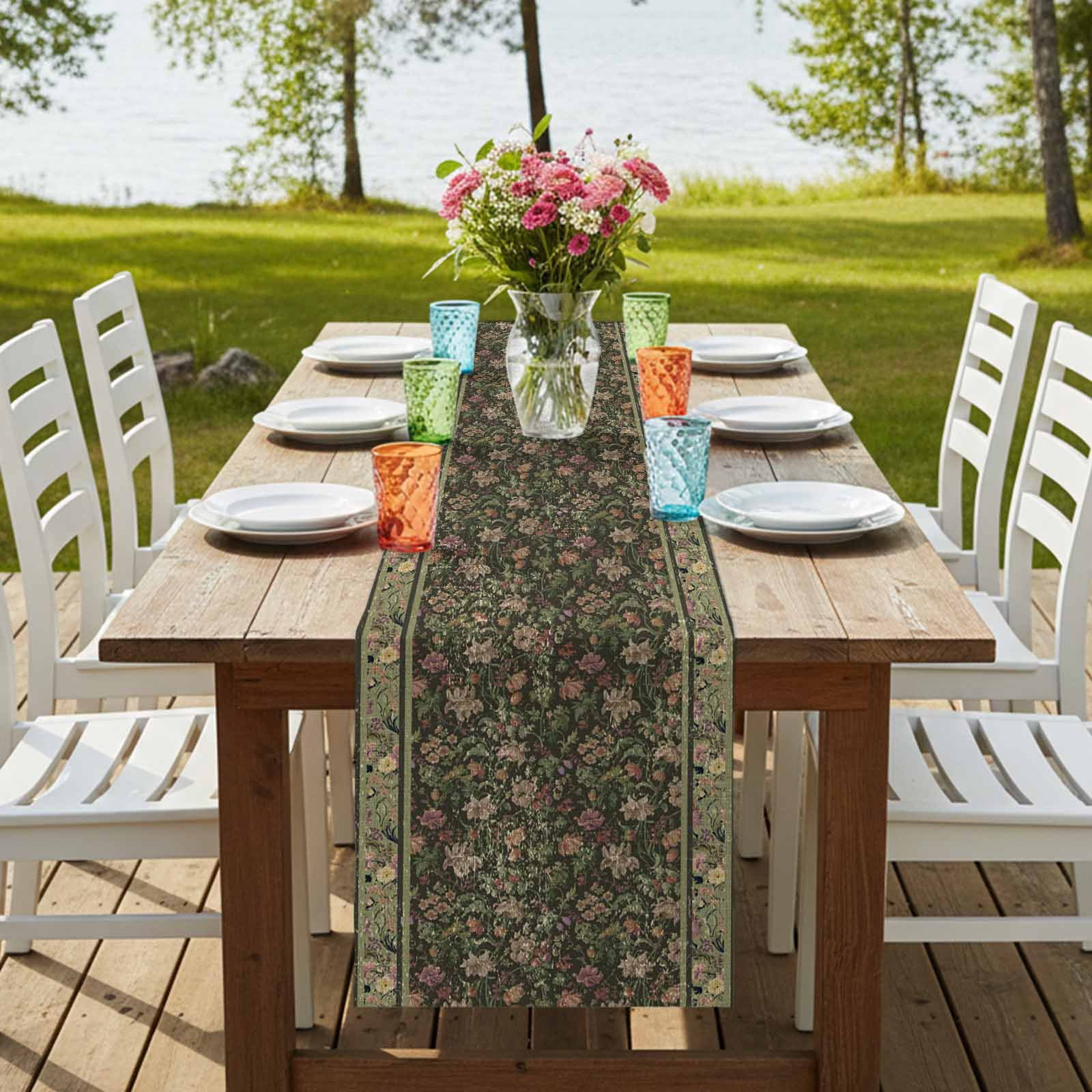 Table Runners 108 Inches Long Dress Scarves, Sage Green Floral Farmhouse Coffee/Dining/Kitchen Table Runner for Living Room, Ethnic Tribe Abstract Art Flowers 13x108 Inch
