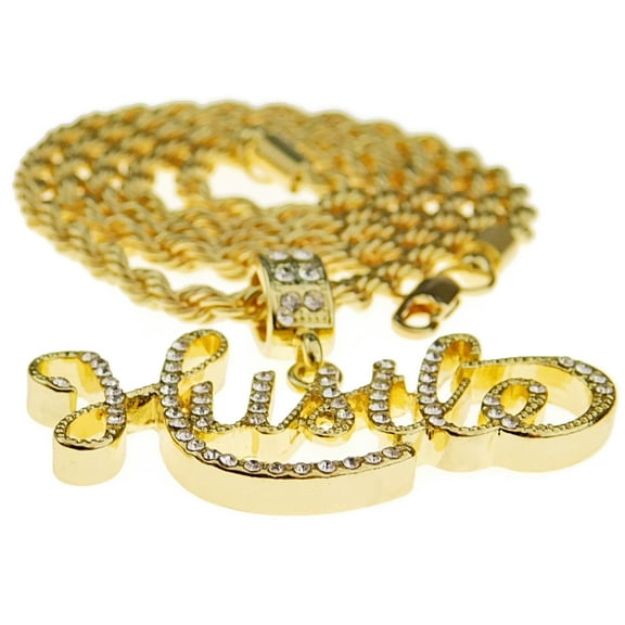Mens Hustle Rope Chain Bling Pendant Gold Finish Hip Hop Necklace 24 Inch