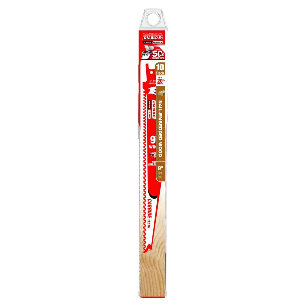 Diablo Demo Demon Reciprocating Saw Blades with Carbide Teeth for Nail-Embedded Wood - Variable Tooth Design, 5/7 TPI, 9" Length, 10-Pack - DS0906CWS10 CA2