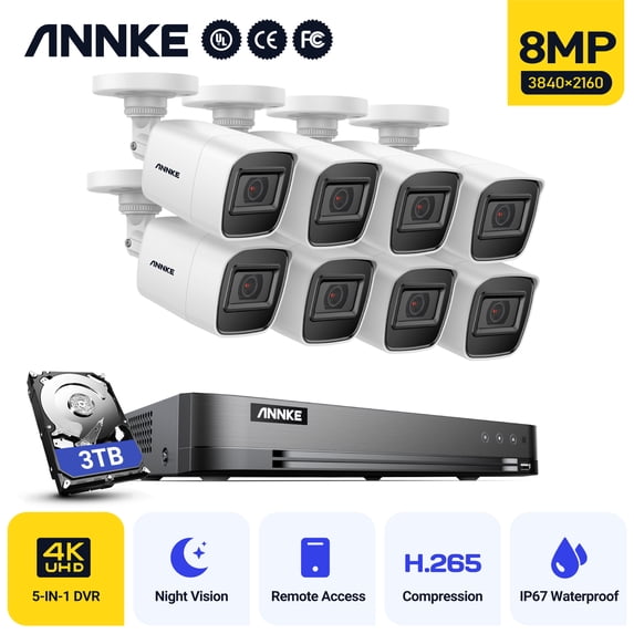 ANNKE 4K Ultra HD 8CH DVR H.265 CCTV Camera Security System 8PCS IP67 Weaterproof Outdoor 8MP Camera Video Surveillance with 3T HDD