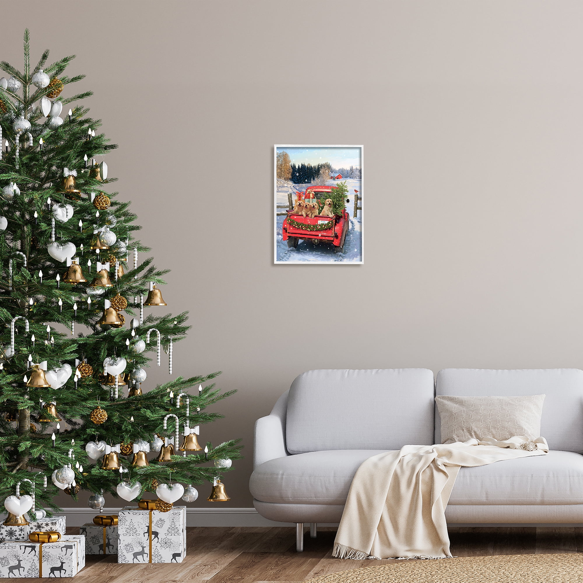 Stupell Industries Puppies in Holiday Truck Holiday Painting White Framed Art Print Wall Art, 16 x 20
