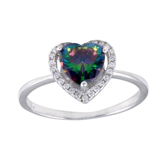 Rhodium Plated 925 Sterling Silver Heart Mystic Simulated Topaz Ring Band Black CZ Female Size 9