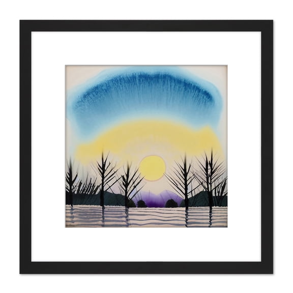 Winter Soft Dreamy Ethereal Landscape Sunset Sunrise Tree Silhouette Watercolour Painting Square Wooden Framed Wall Art Print Picture 8X8 Inch