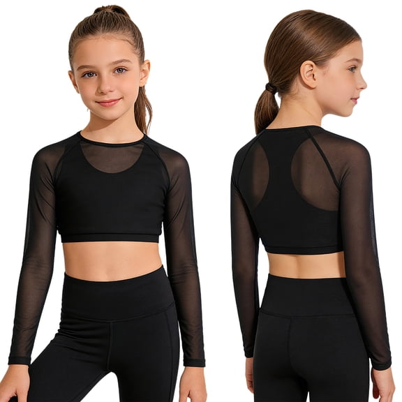 Hansber Kids Girls Long Sleeve Yoga Sports Crop Top Mesh Cropped Sweatshirt Hip Hop Jazz Dancewear Black 12