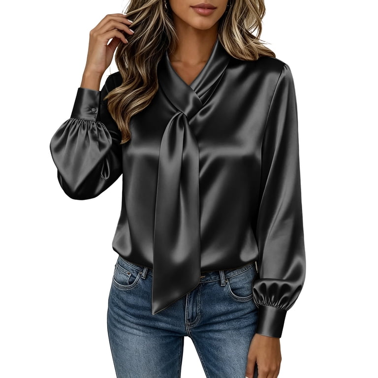 TKLPEHG Women Bow Tie Neck Satin Blouse, Long Sleeve Lantern Cuff