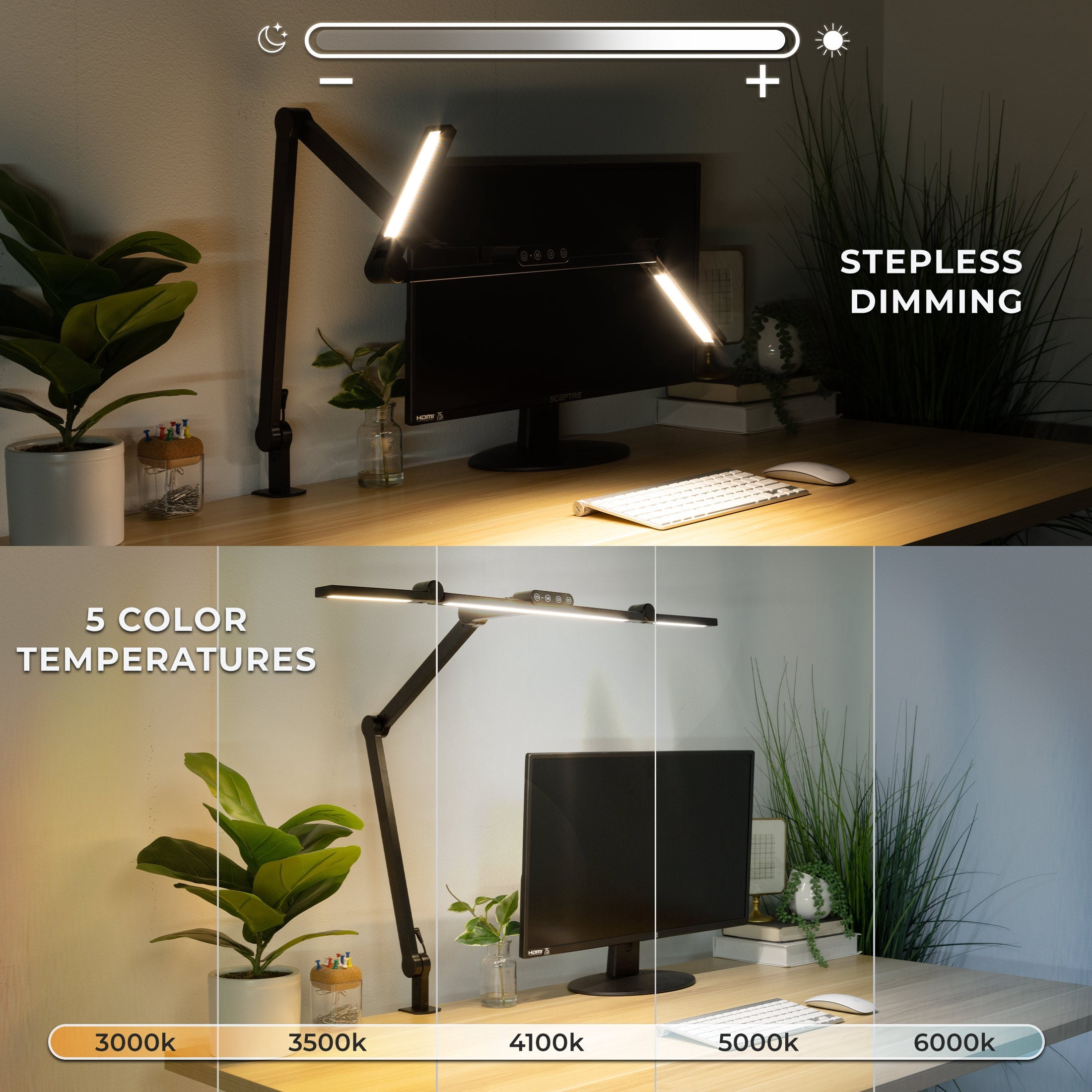 LED Desk Lamp with Swing Arm, Clamp-On, Dimmable, 5 Brightness Levels, 5 Color Temperatures, Touch Control, Eye-Caring, Adjustable for Home Office & Crafting