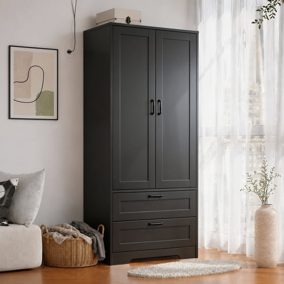 Gyger 63.5 inches Armoire Wardrobe Closet with Hanging Rod and 2 Drawers,Freestanding Armoire Storage Cabinet,Modern Wooden Wardrobe for Bedroom,Black