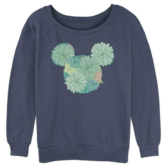 Junior's Mickey & Friends Botanical Logo Sweatshirt Blue Heather Large