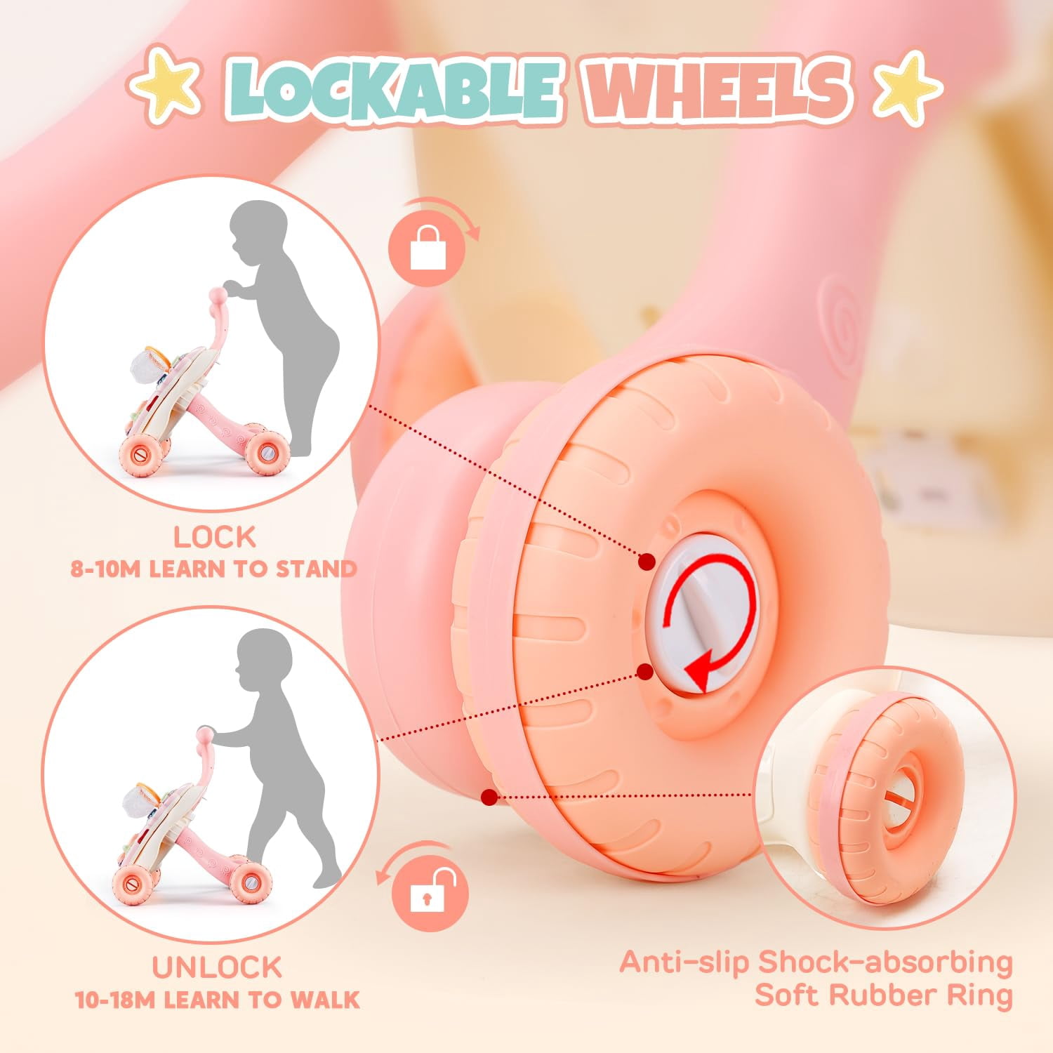 Eotvia Baby Walkers for Girls,3 in 1 Push Toys Pink Baby Walker Toy for Babies Learn to Walk 6-18Mos