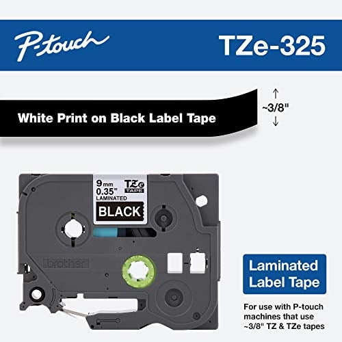 Brother Genuine P-Touch T TZE-325 Tape, cinta de touch laminada estándar de 3/8 "(9 mm), blanco en negro, laminado para uso interior o exterior, resistente al agua, 26.2 pies (8 m), paquete único