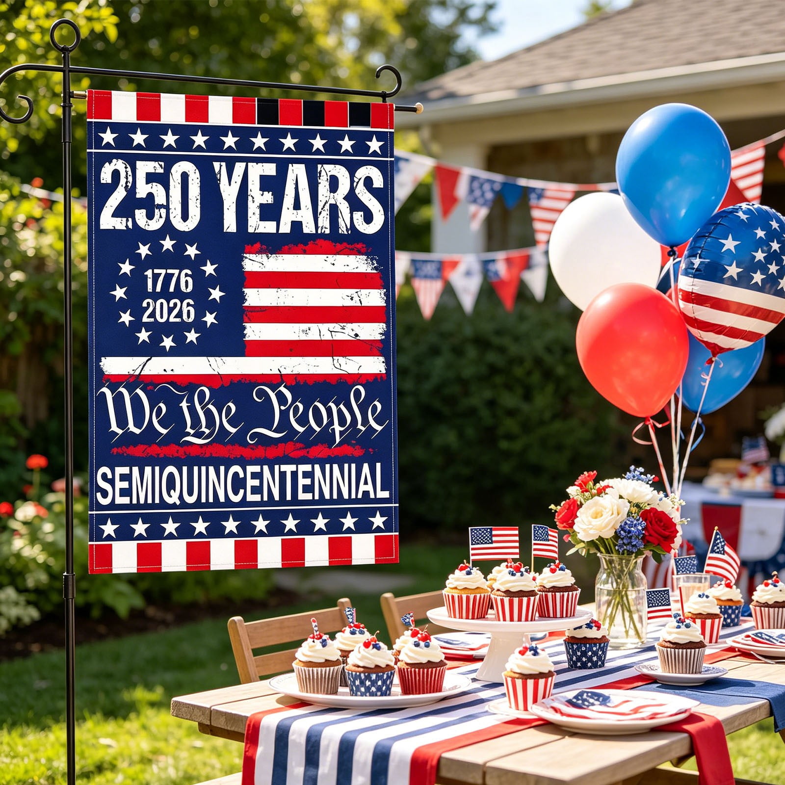 USA 250th Anniversary Flag Double-sided printing with unique pattern design 12x18 Inches United States Semiquincentennial Independence Day for Indoor Outdoor Decoration