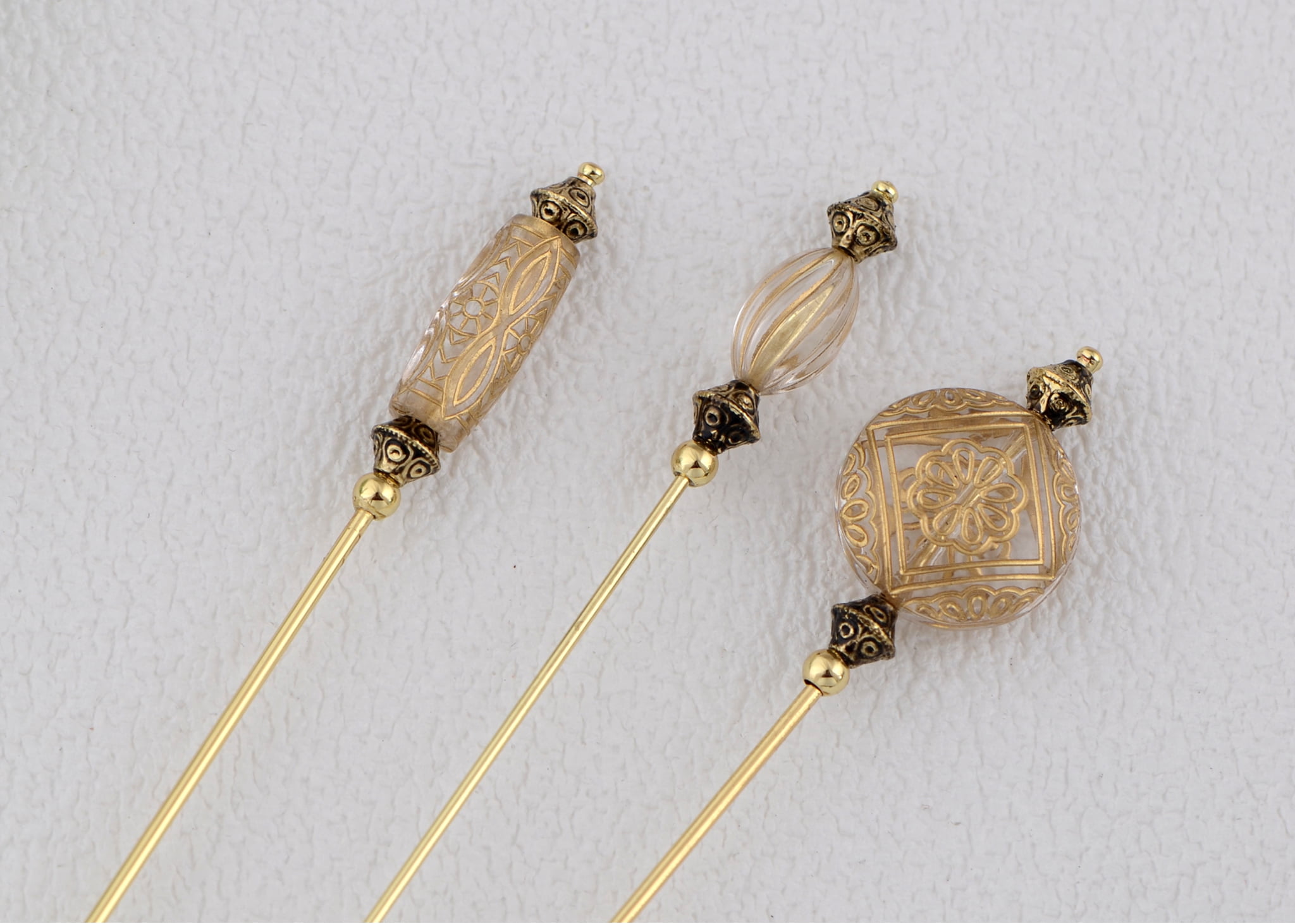 Women's Etched Antiqued Golden Long Handle Hat Pins Circular Cylinder Lapel Pins Pack Of 3 Scarf Set Jewelry Accessories