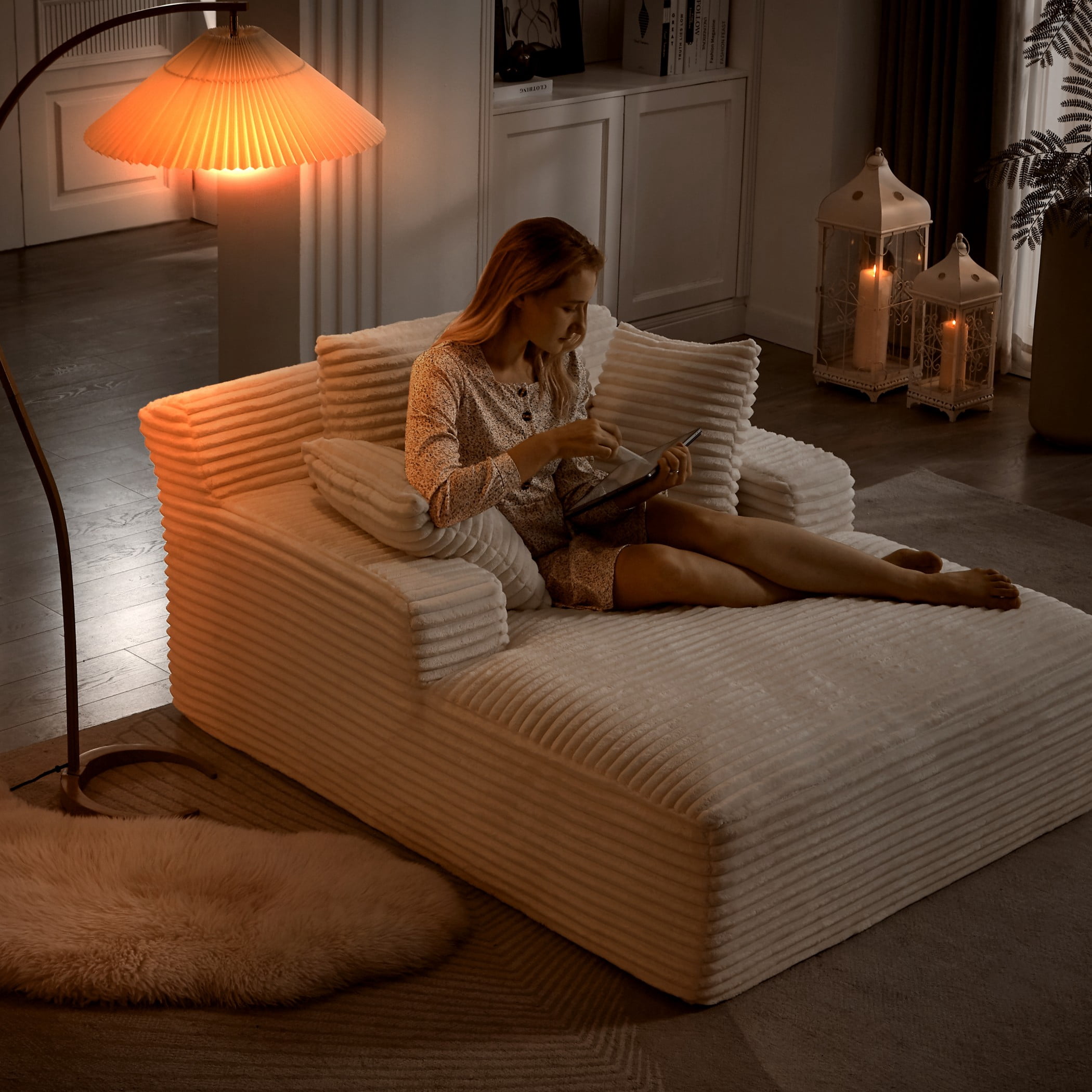 Aukfa 66" Oversized Chaise Lounge Indoor, Corduroy Sleeper Sofa Bed, Upholstered Couch, No Assembly Required for Living Room, Bedroom, White