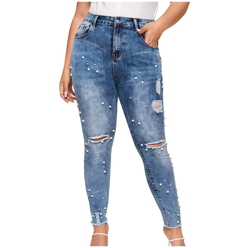 Spftem Women High Waisted Skinny Pearl Hole Denim Stretch Pants Calf Length Jeans - image 1 of 7