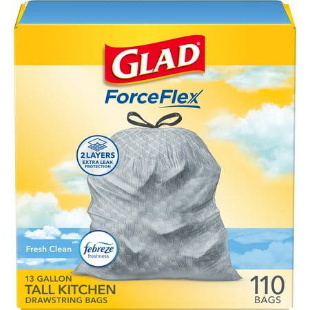 Glad ForceFlex Drawstring Trash Bags, 13 Gallon, Fresh Clean, 110 Count