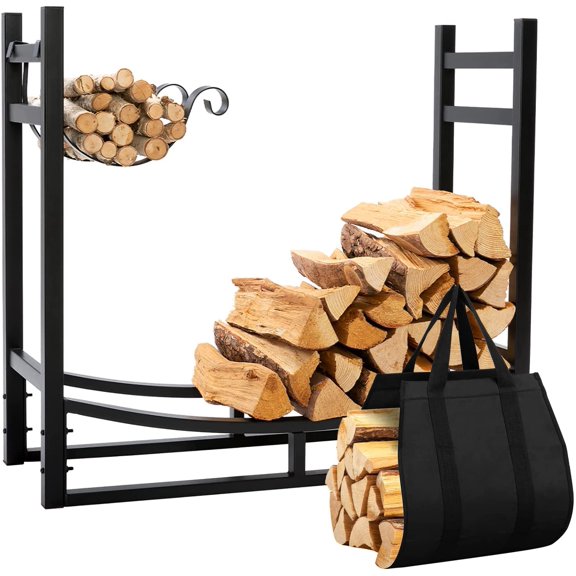 DOEWORKS Heavy Duty Firewood Racks 3 Feet Indoor/Outdoor Log Rack with Kindling Holder, 30 Inch Tall, Black
