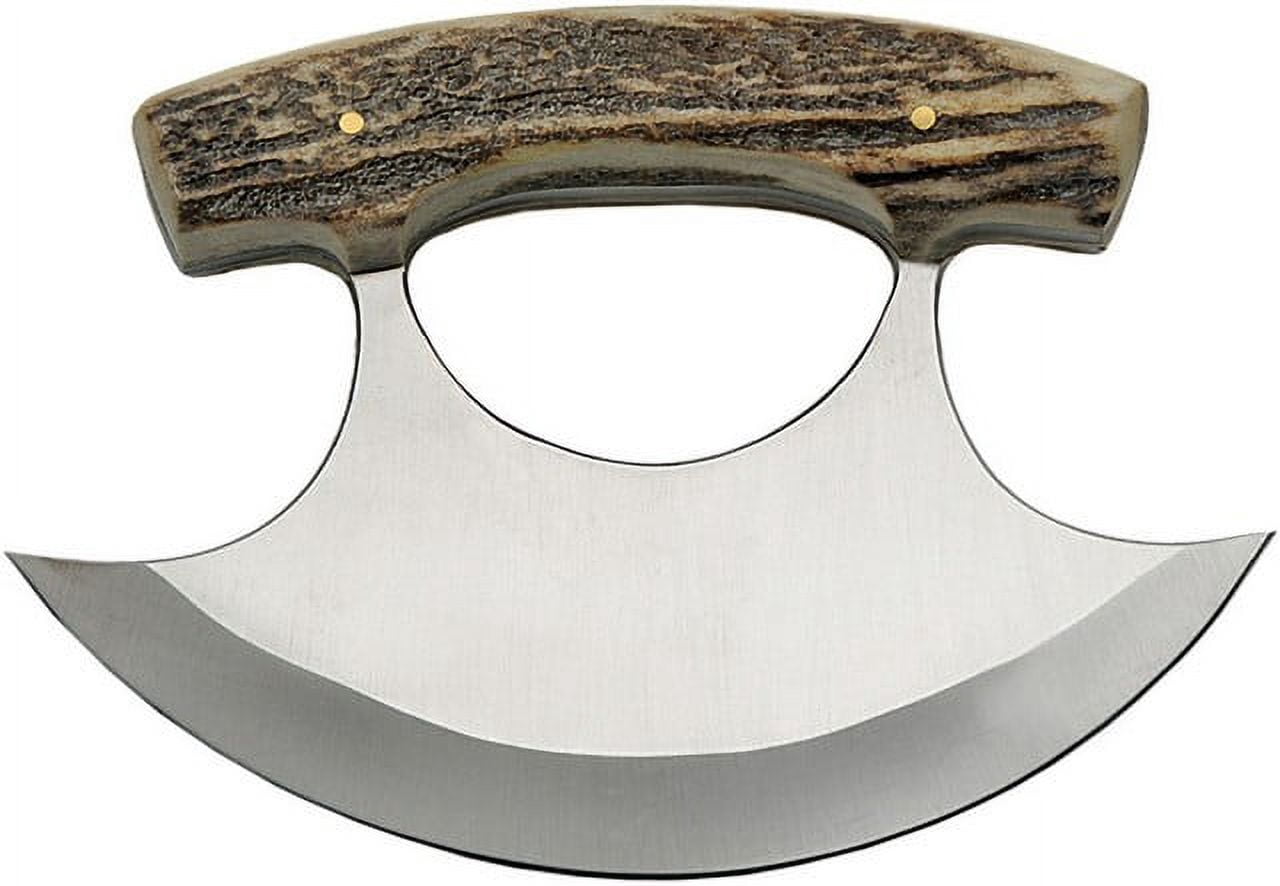 SZCO 5.5" Ulu Knife with Stag Handle and Stainless Steel Blade, Includes Leather Sheath Multi-Purpose Outdoor & Kitchen Tool
