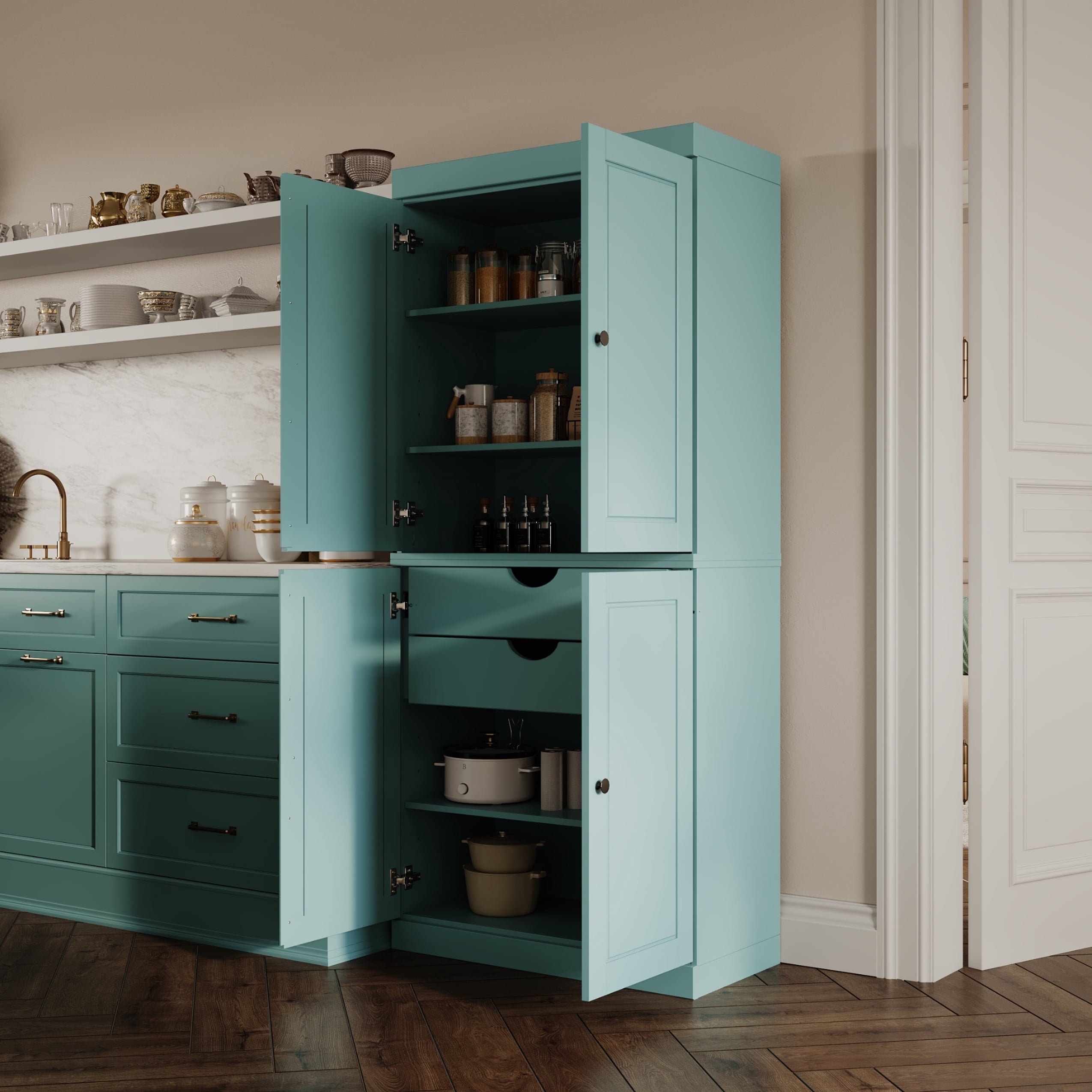 Palace Imports 100% Solid Wood Kitchen Pantry Storage Cabinet with Doors, Adjustable Shelves and 2-Drawers, Aqua Blue