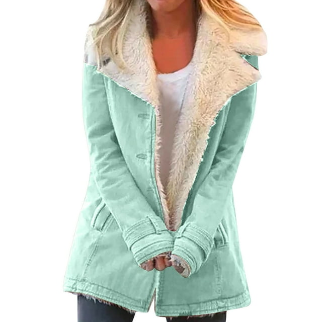 Winter Warm Fleece Lined Jackets For Women Plain Color Jacket With Pockets Button Coats Outerwear