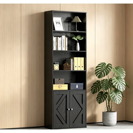 Tall Wooden Bookshelf with Cabinet and Doors Vintage Black Bookcase for Bedroom Living Room or Home Office Storage 6 Shelves for Heavy Books & Organization