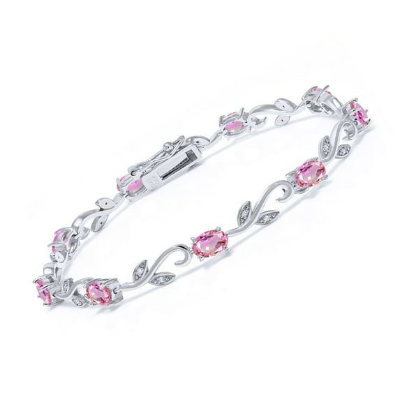 Gem Stone King 5.08 Ct Oval Pink Sapphire White Diamond 925 Sterling Silver Greek Vine Diamond Tennis Bracelet for Women