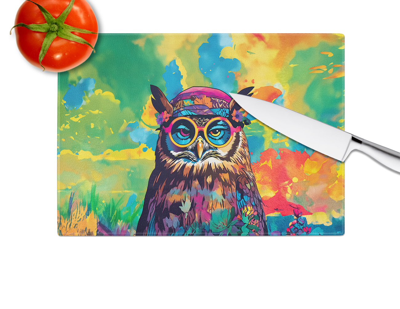 Hippie Animal Owl Glass Cutting Board 12 in x 15 in