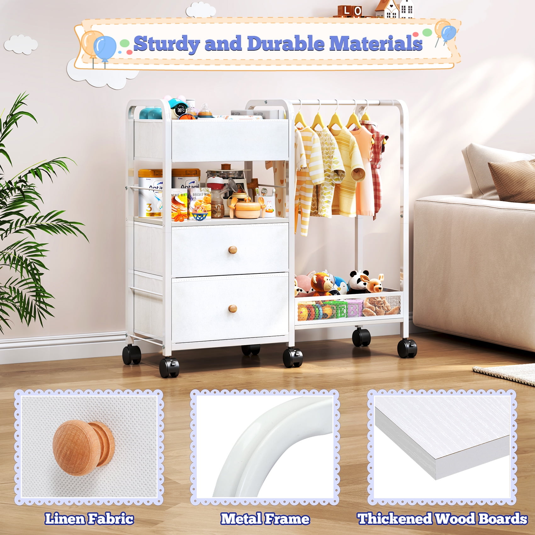 TC-HOMENY Baby All Essentials Diaper Toys Organizer Cart with 3-Tier Side Storage Space, Stroller Nursery Essentials & Craft Organizer Rolling Utility Cart, Kids Garment Rack w/ 1 Hanging Rod, White