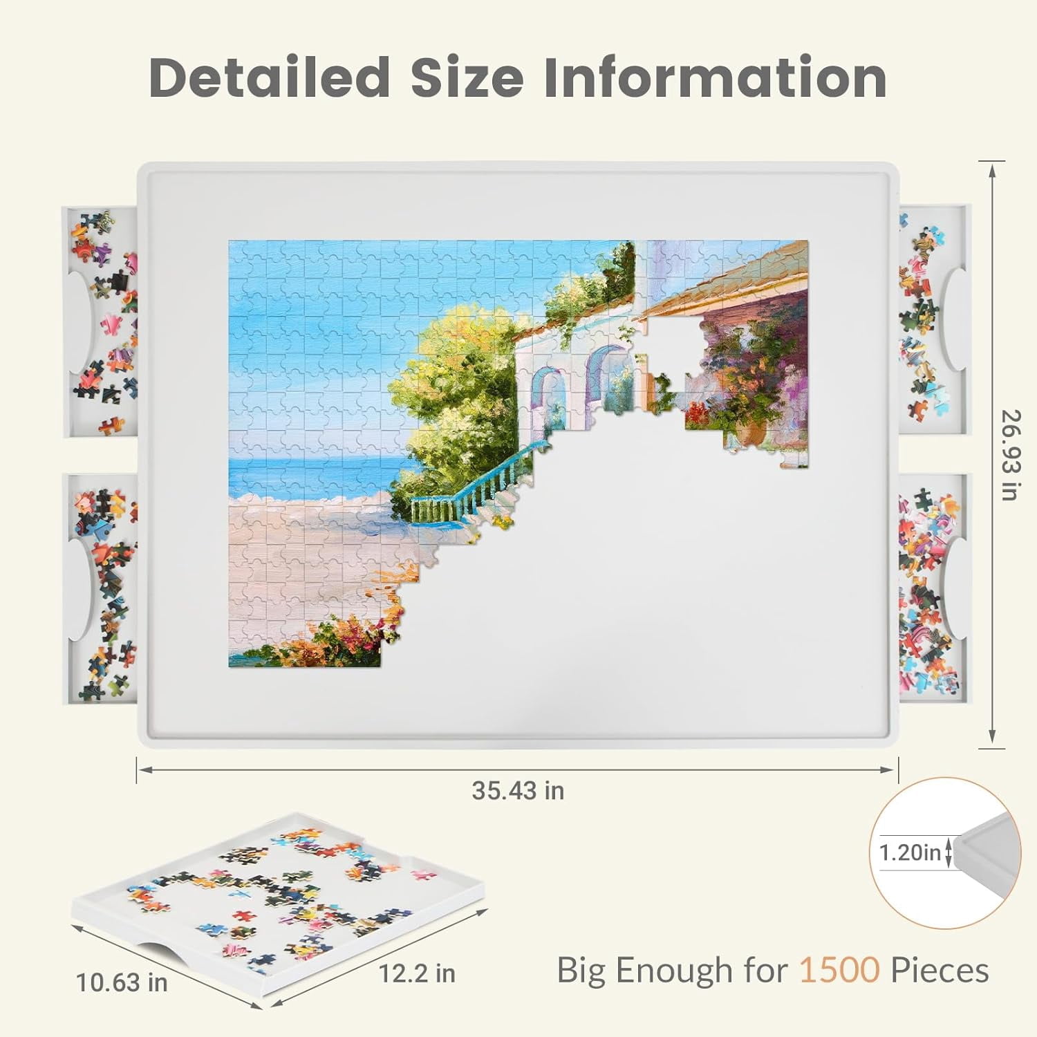 ALL4JIG Rotating Plastic Puzzle Board with 4 Drawers, Protective Cover, 1500 Pieces, Lazy Susan Design, Lightweight, for Adults, 34.21" x 25.75"