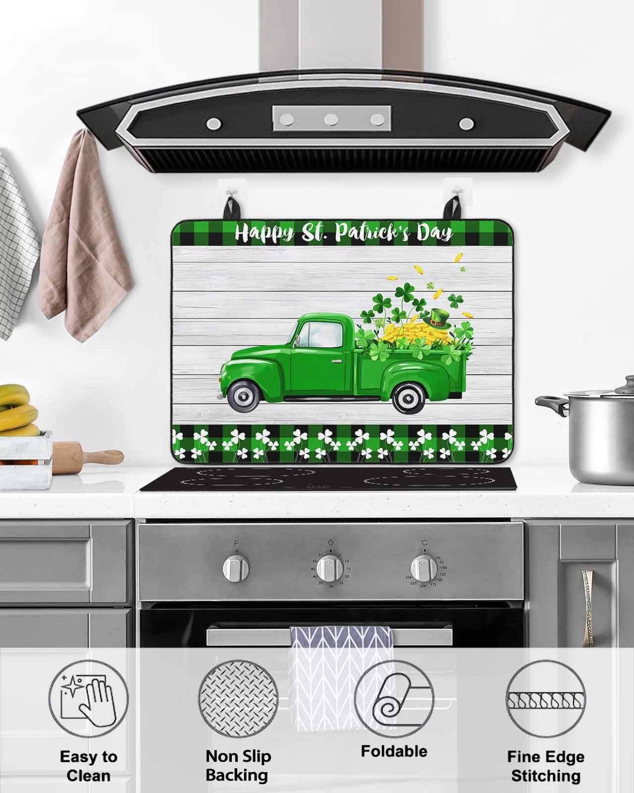 Large Induction Cooktop Protector Mat St. Patrick's Day Stove Top Covers for Electric Stove, Spring Lucky Grass Truck Gray Wood Plaid Decorative Stove Burner Cover Mats, Glass Top Stove Cover