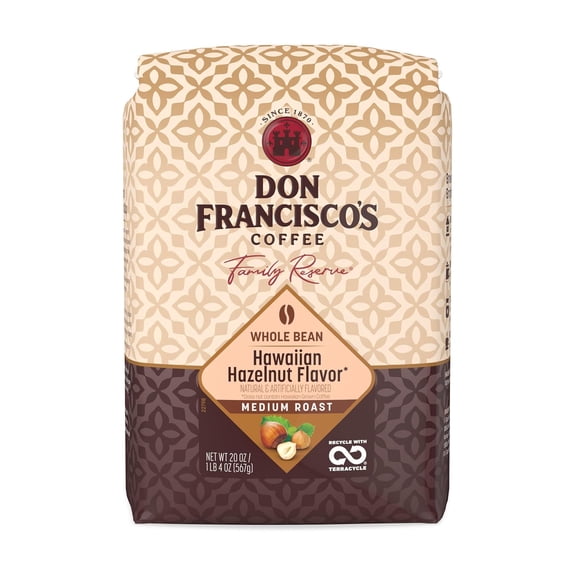 Don Francisco's Premium Hawaiian Hazelnut Medium Whole Bean Coffee - 100% Arabica Beans, Perfect for Drip, Pour Over, and French Press - Carefully Sourced, Family-Crafted Since 1870 (20 oz Bag)