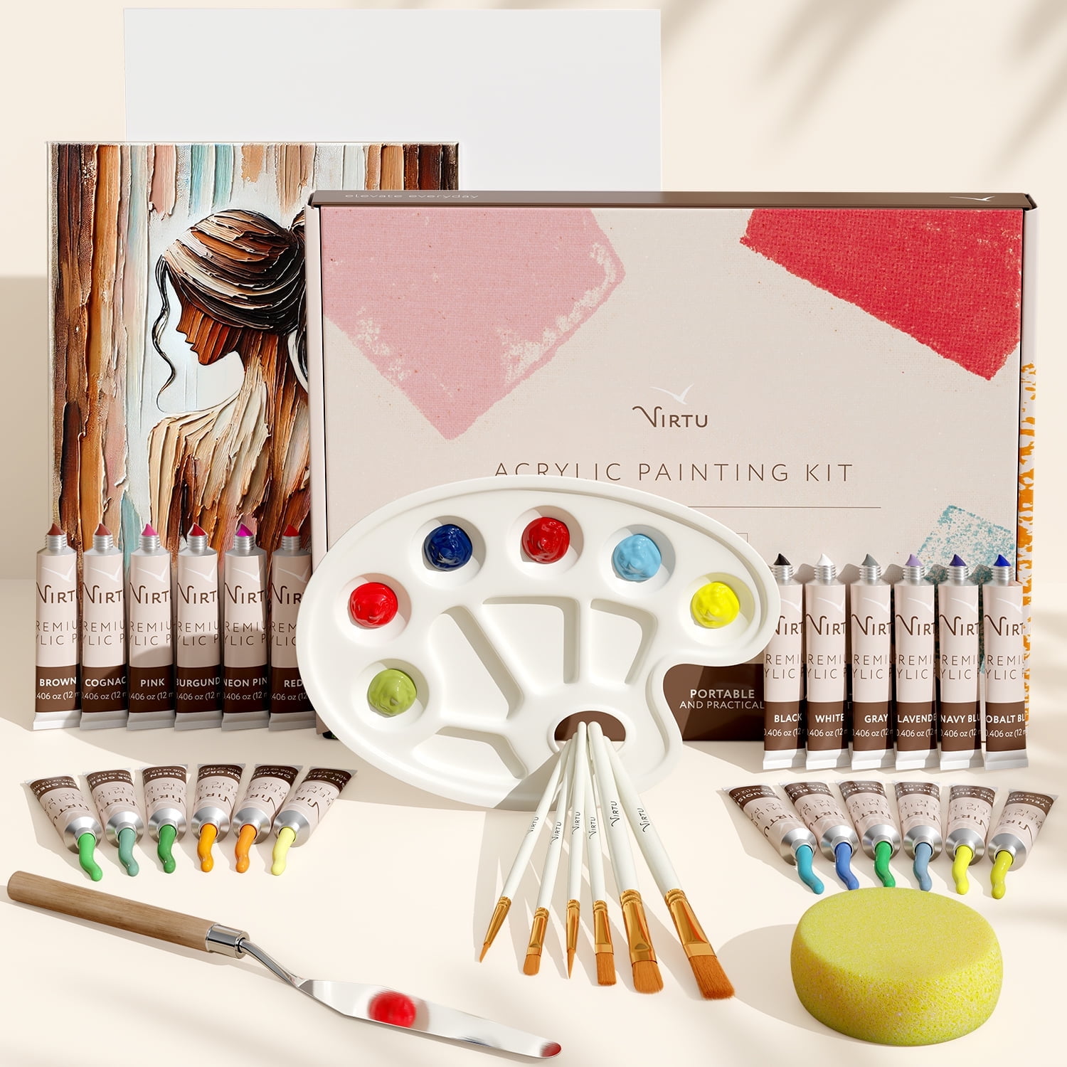 Virtu 34pc Acrylic Paint Set, 24 Colors (12ml) Acrylic Craft Paint Kit With 2 Canvases, 5 Paint Brushes, Painting Pallet, Painting Knife and 1 Sponge