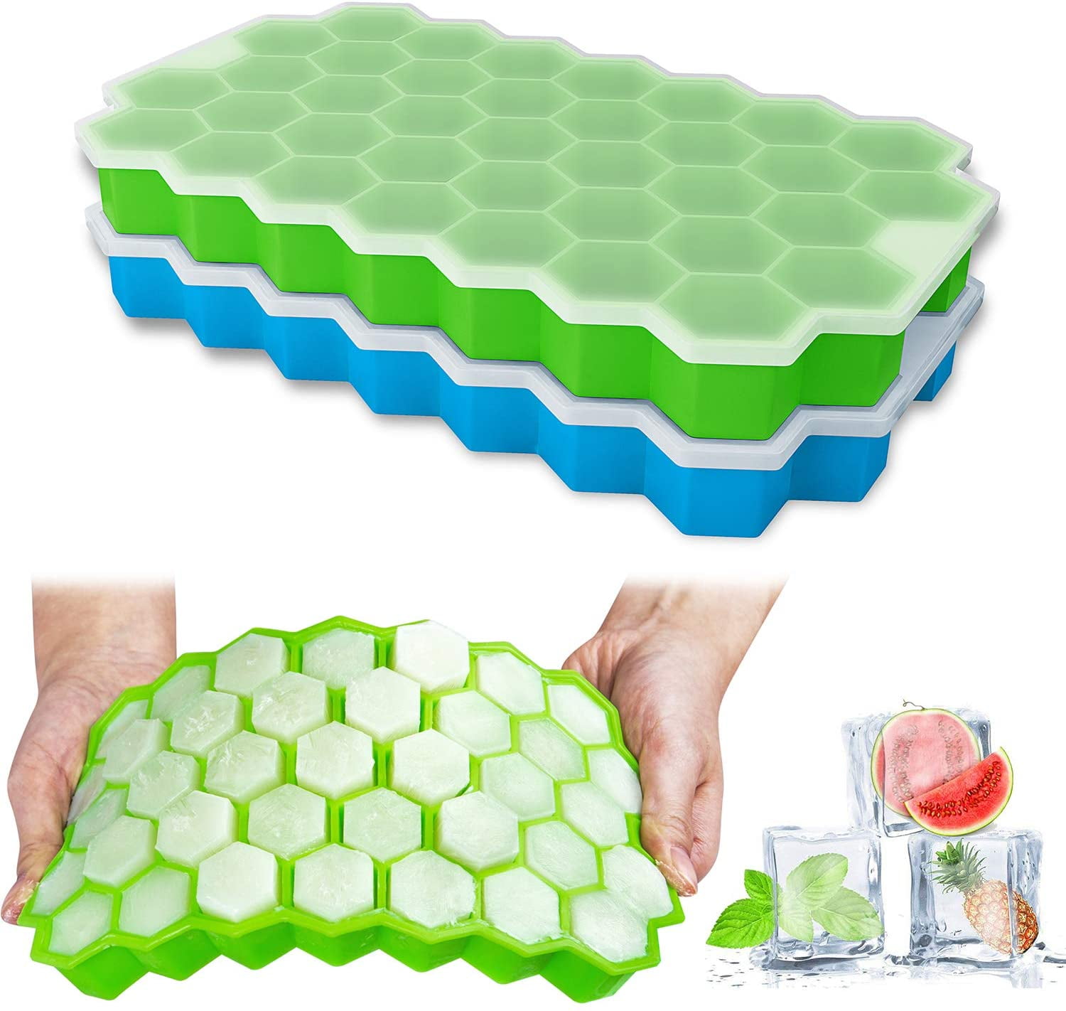 Easy-Release Stackable 42 Ice Cubes 2 Pack Silicone Ice Tray with Removable Lid Ozera Ice Cube Trays Blue & Green 