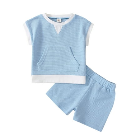 

Calsunbaby Little Boys 2Pcs Clothes Outfits Sleeveless Waffle Textured Contrast Color Tops and Elastic Shorts Sky Blue 6-12 Months